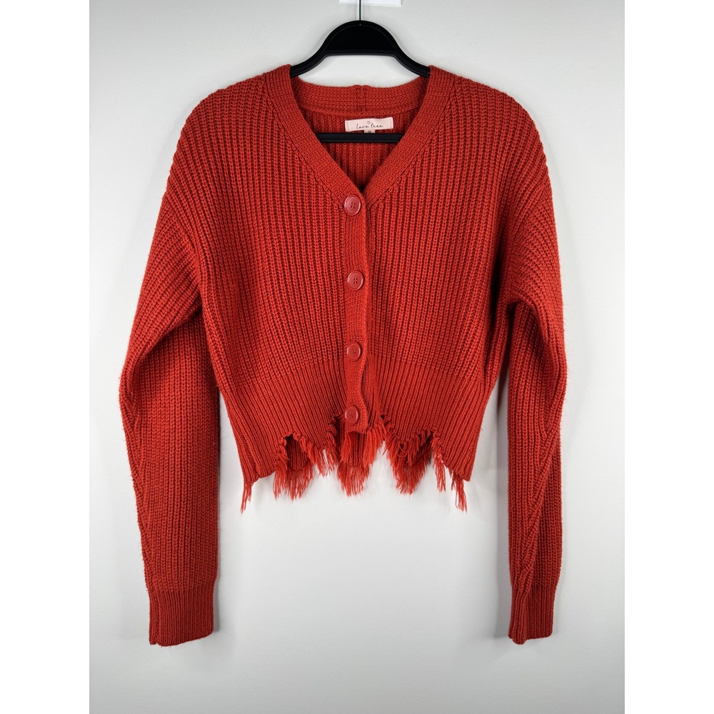 Love Tree Cardigan Sweater M Orange Distressed Fringe Button Chunky Knit Crop